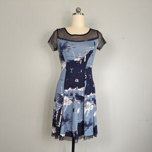 Graphic Print Mini Dress Knit Mesh French Blue T Shirt Flare Blue Luc Fontaine 4